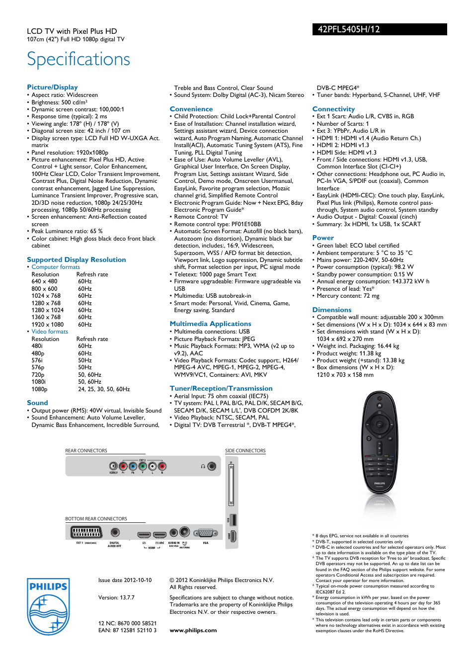 Specifications | Philips 42PFL5405H-12 User Manual | Page 3 / 3