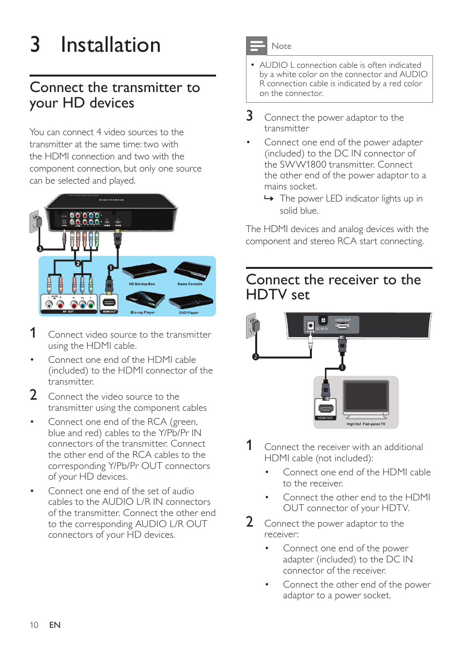 3 installation, Connect the transmitter to your hd, Devices | Connect the receiver to the hdtv set 10 | Philips SWW1800-27 User Manual | Page 10 / 24