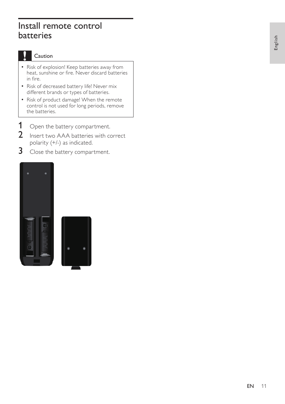 Install remote control batteries | Philips SWW1800-27 User Manual | Page 11 / 24