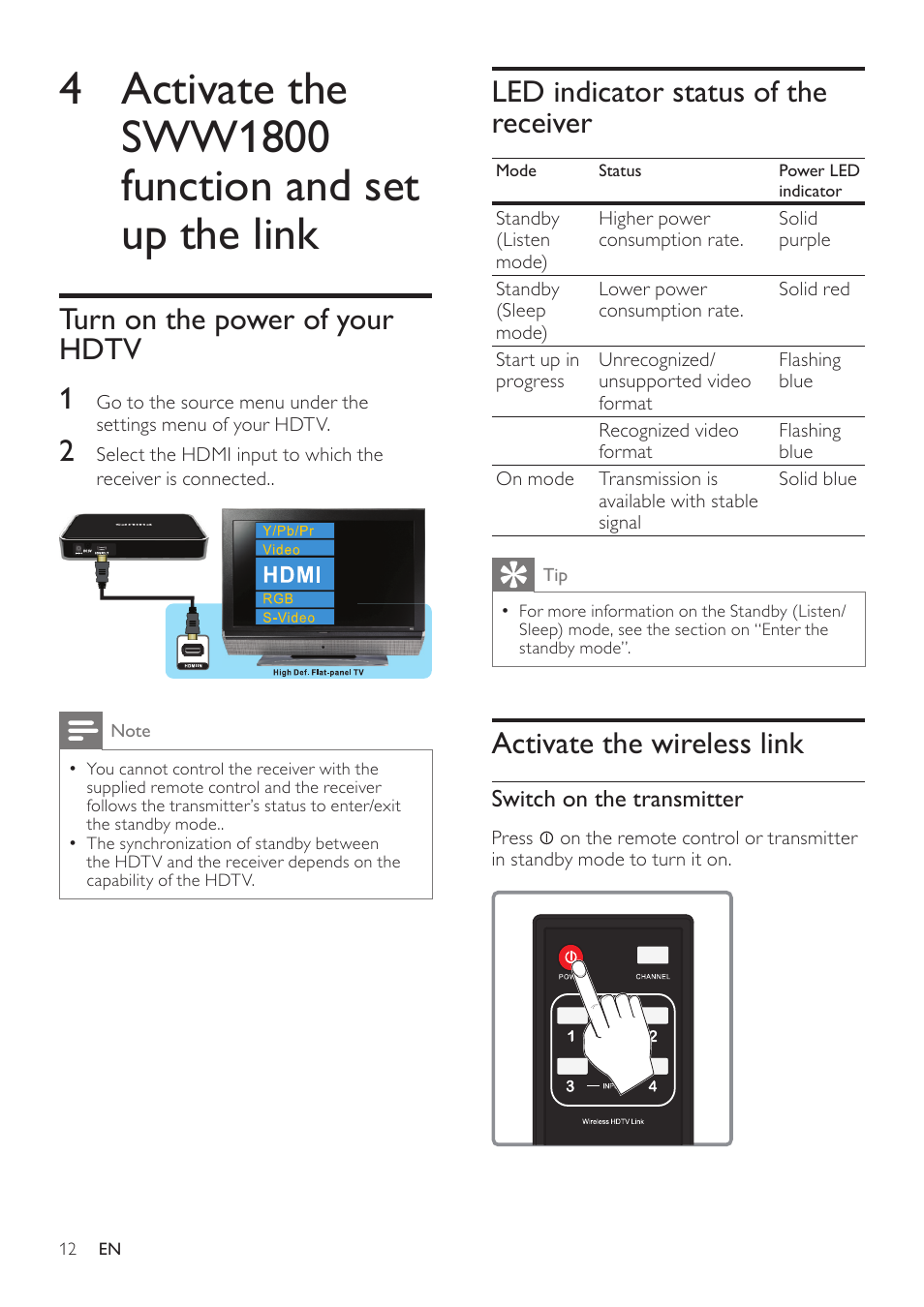 4 activate the sww1800 function, And set up the link, Turn on the power of your hdtv | Led indicator status of the receiver, Activate the wireless link | Philips SWW1800-27 User Manual | Page 12 / 24