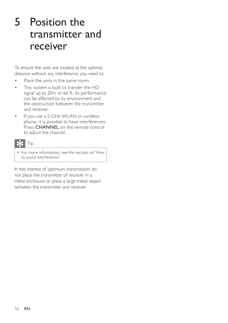 5 position the transmitter and, Receiver, 5 position the transmitter and receiver | Philips SWW1800-27 User Manual | Page 16 / 24