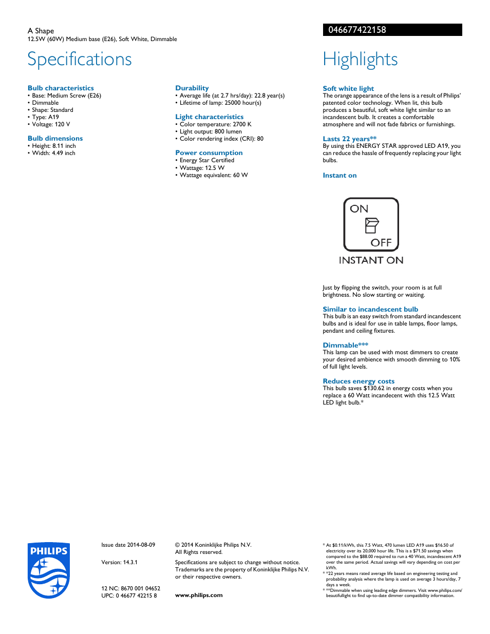 Specifications, Highlights | Philips 046677422158 User Manual | Page 2 / 2