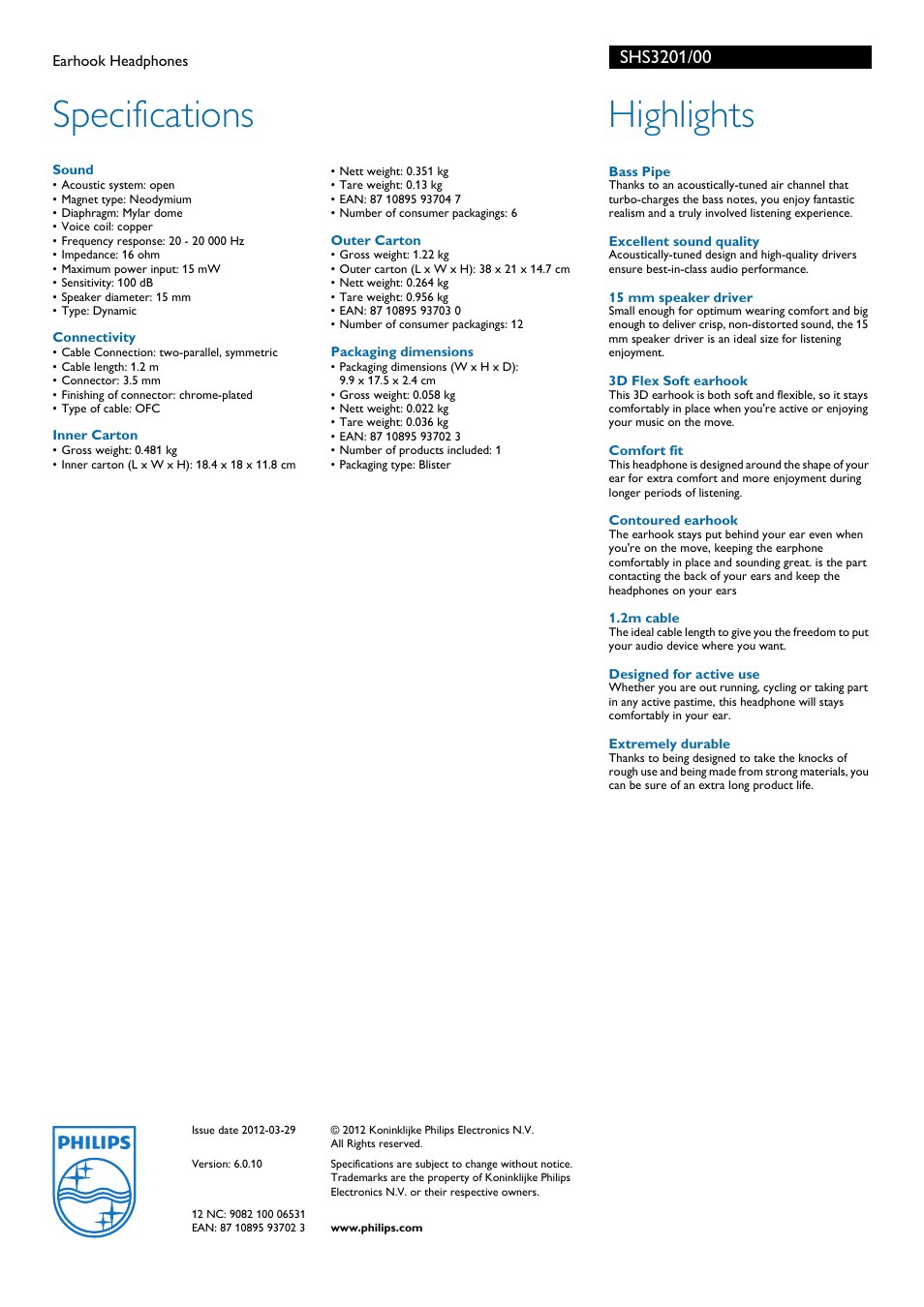 Specifications, Highlights | Philips SHS3201-00 User Manual | Page 2 / 2