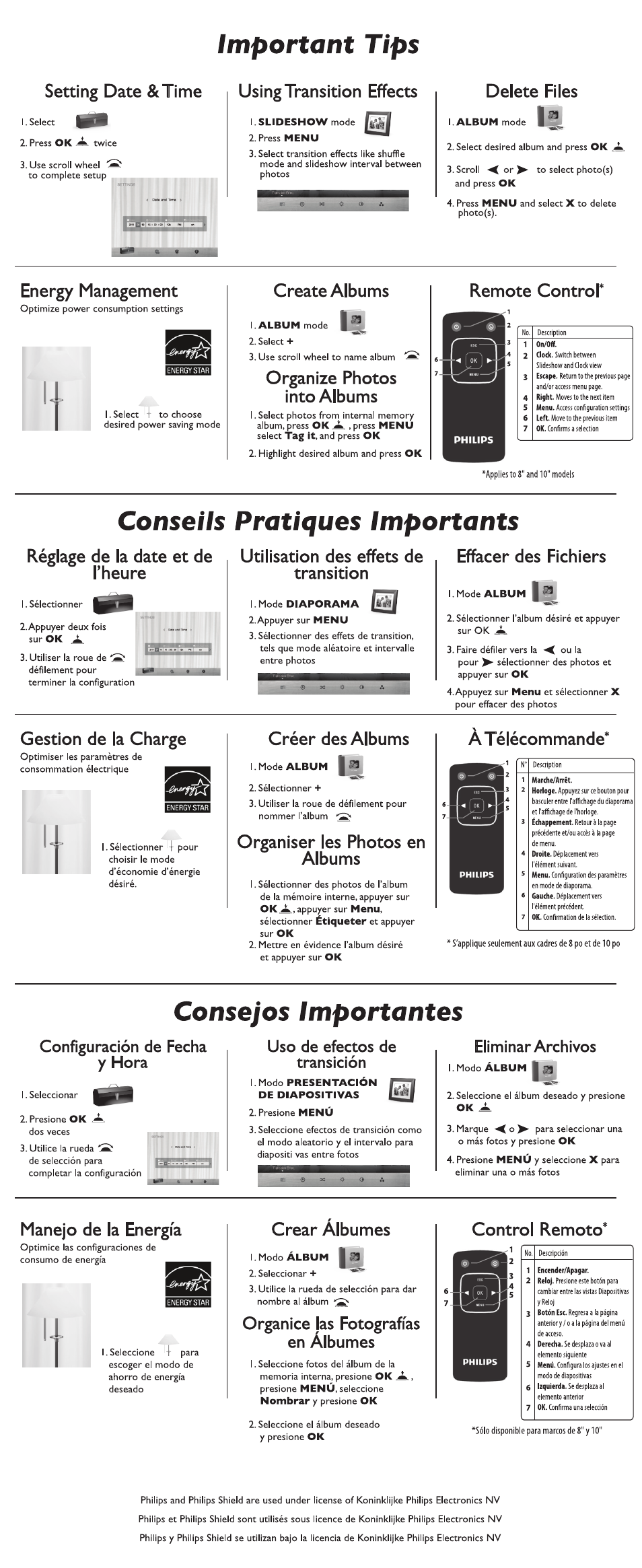 Configuración de fecha y hora, Uso de efectos de transición, Eliminar archivos | Important tips, Conseils pratiques importants, Consejos importantes, Setting date &time, Using transition effects, Delete files, Energy management | Philips SPF3482-G7 User Manual | Page 2 / 2