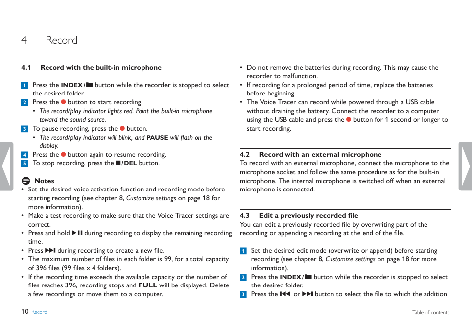 Record, Record with the built-in microphone, Record with an external microphone | Edit a previously recorded file, 4record | Philips LFH0884-00 User Manual | Page 10 / 24