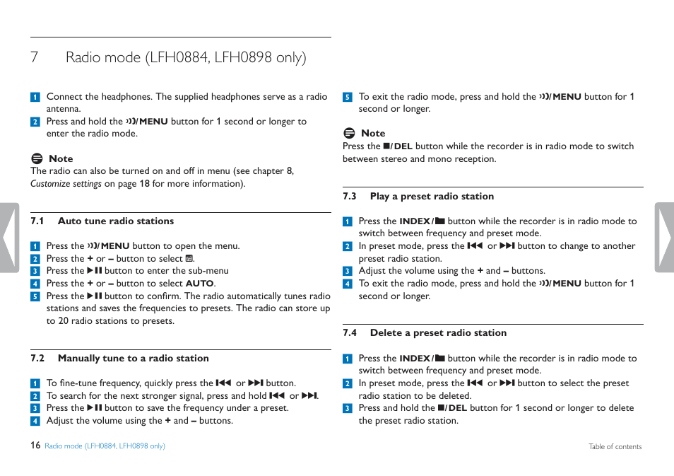 Radio mode (lfh0884, lfh0898 only), Auto tune radio stations, Manually tune to a radio station | Play a preset radio station, Delete a preset radio station | Philips LFH0884-00 User Manual | Page 16 / 24