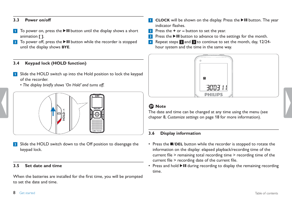 Power on/off, Keypad lock (hold function), Set date and time | Display information | Philips LFH0884-00 User Manual | Page 8 / 24