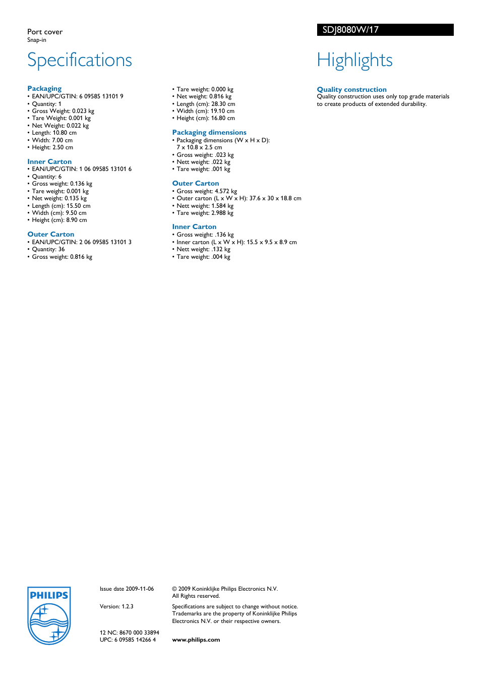 Specifications, Highlights | Philips SDJ8080W-17 User Manual | Page 2 / 2