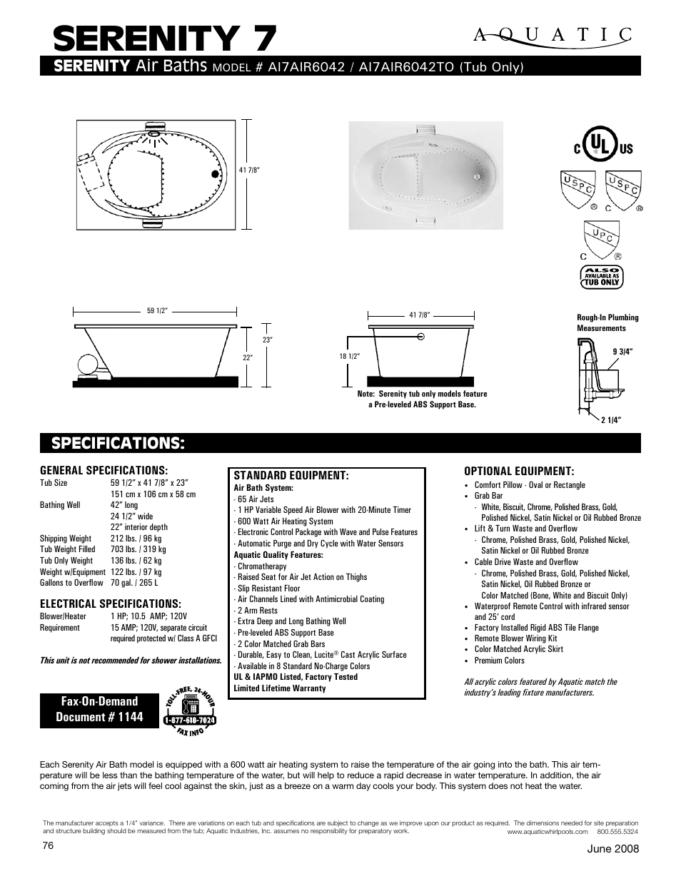 Aquatic AI7AIR6042TO User Manual | 1 page
