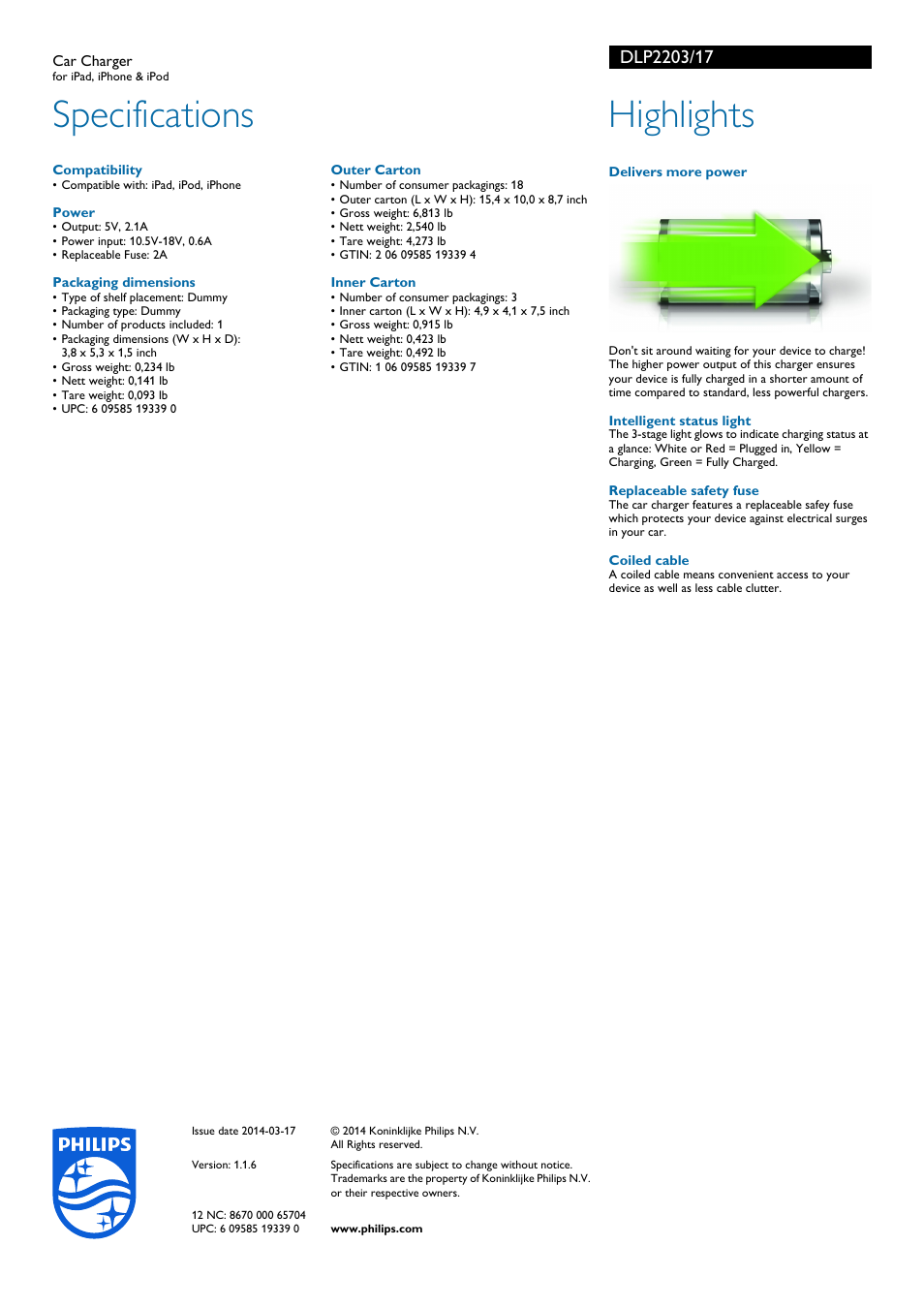 Specifications, Highlights | Philips DLP2203-17 User Manual | Page 2 / 2