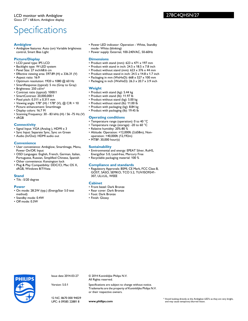 Specifications | Philips 278C4QHSN-27 User Manual | Page 3 / 3