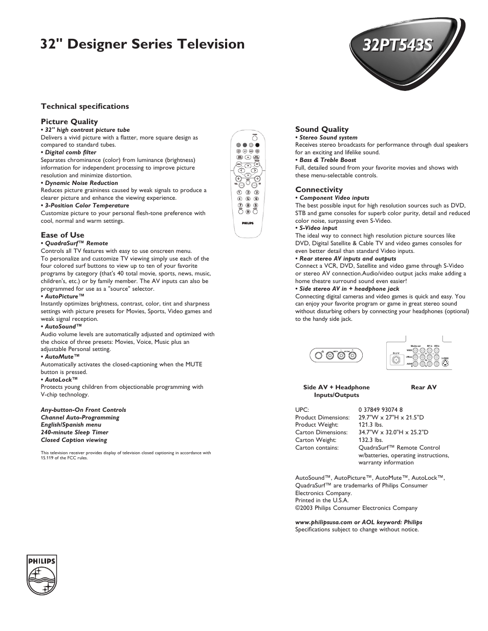 32" designer series television | Philips 32PT543S User Manual | Page 2 / 2