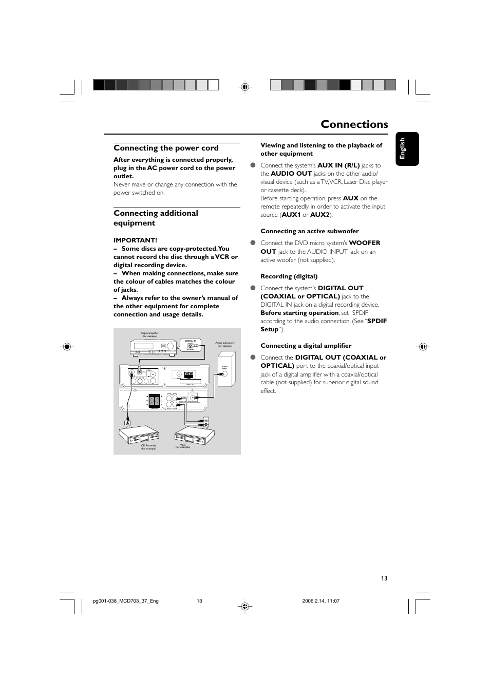 Connections, Connecting the power cord, Connecting additional equipment | Philips MCD703-37 User Manual | Page 13 / 38