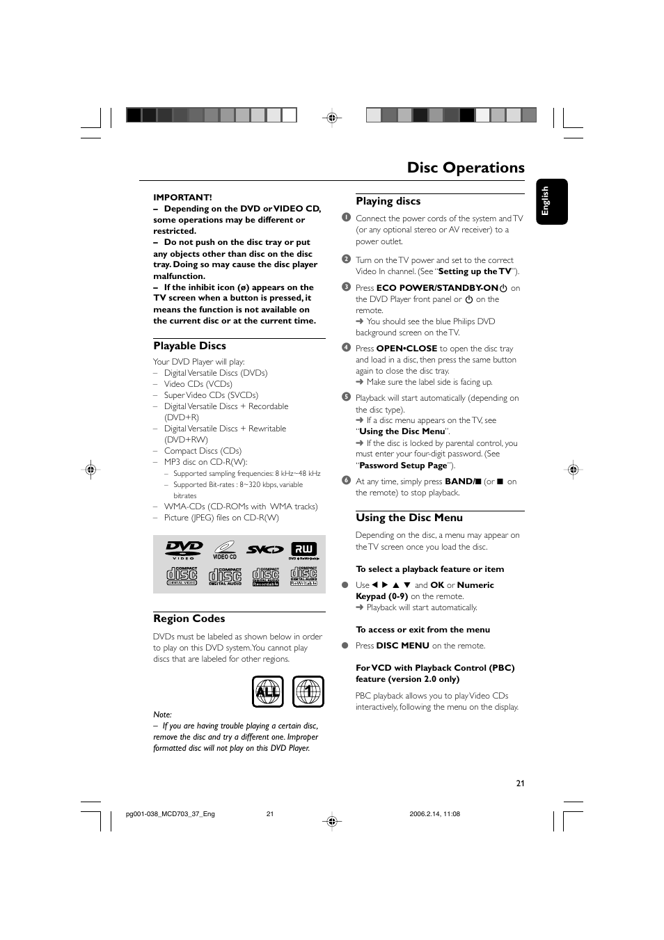 Disc operations 1 | Philips MCD703-37 User Manual | Page 21 / 38