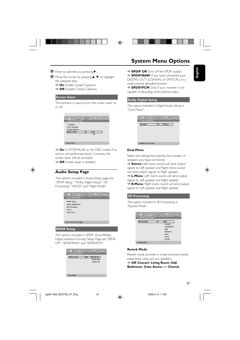 System menu options, Audio setup page | Philips MCD703-37 User Manual | Page 27 / 38