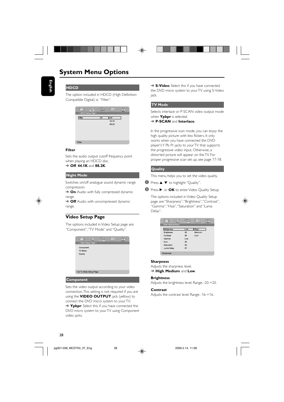 System menu options, Video setup page | Philips MCD703-37 User Manual | Page 28 / 38