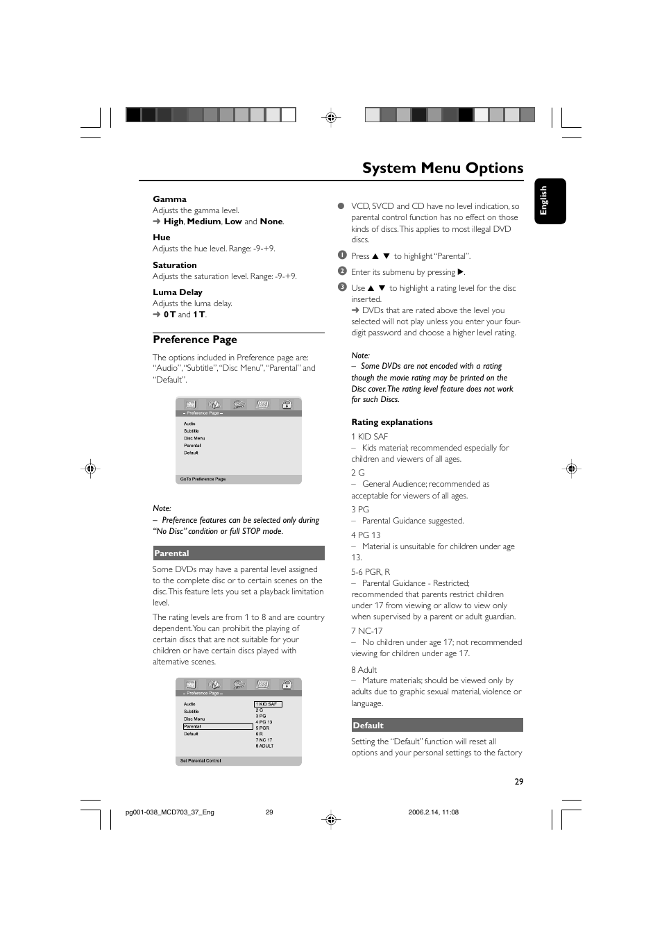 System menu options, Preference page | Philips MCD703-37 User Manual | Page 29 / 38