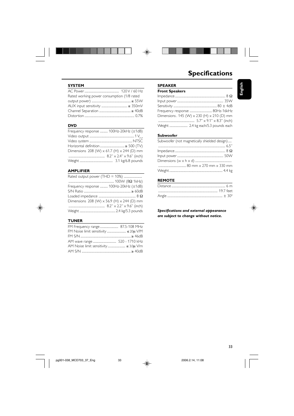 Specifications | Philips MCD703-37 User Manual | Page 33 / 38