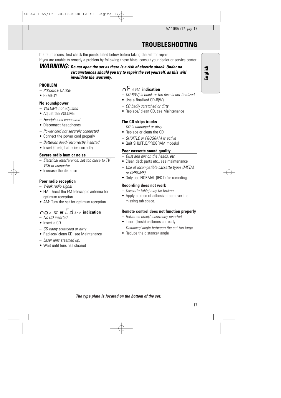 Troubleshooting, Warning | Philips AZ106517 User Manual | Page 12 / 12