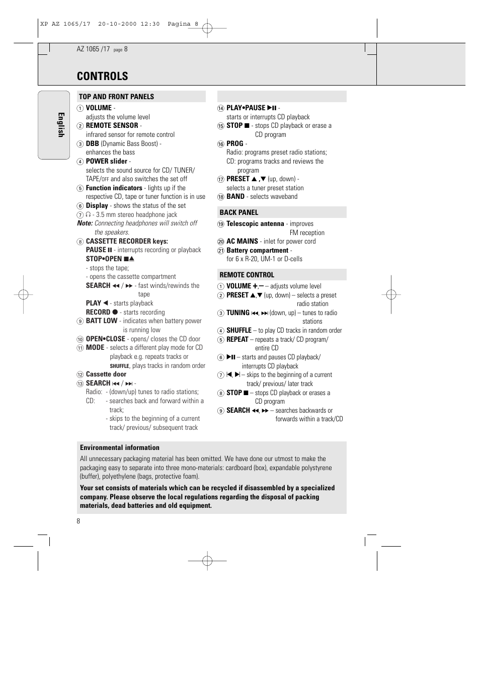 Controls | Philips AZ106517 User Manual | Page 3 / 12