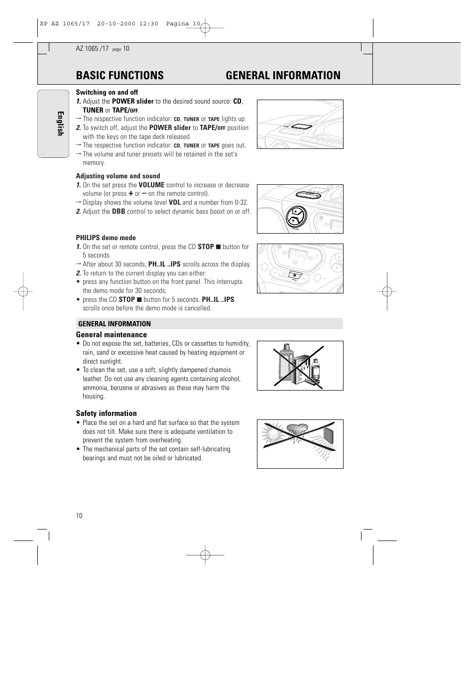 Basic functions general information, English, General maintenance | Safety information | Philips AZ106517 User Manual | Page 5 / 12