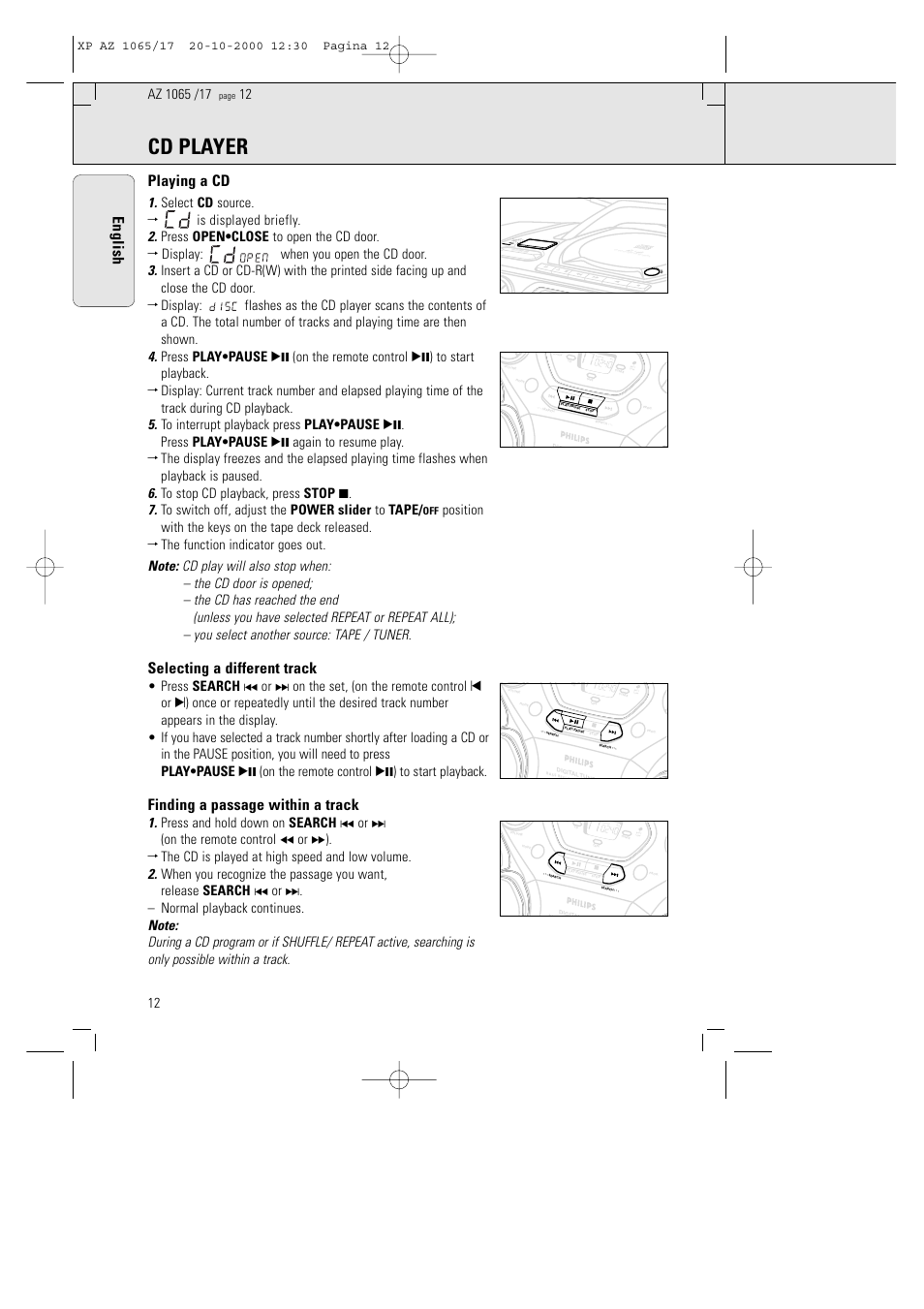 Cd player, English, Playing a cd | Selecting a different track, Finding a passage within a track, Search, Power tuner namic b ass boo st cd tape off | Philips AZ106517 User Manual | Page 7 / 12