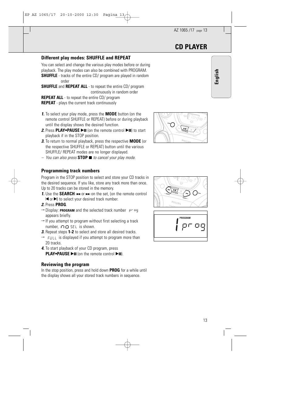 Cd player, English, Different play modes: shuffle and repeat | Programming track numbers, Reviewing the program | Philips AZ106517 User Manual | Page 8 / 12