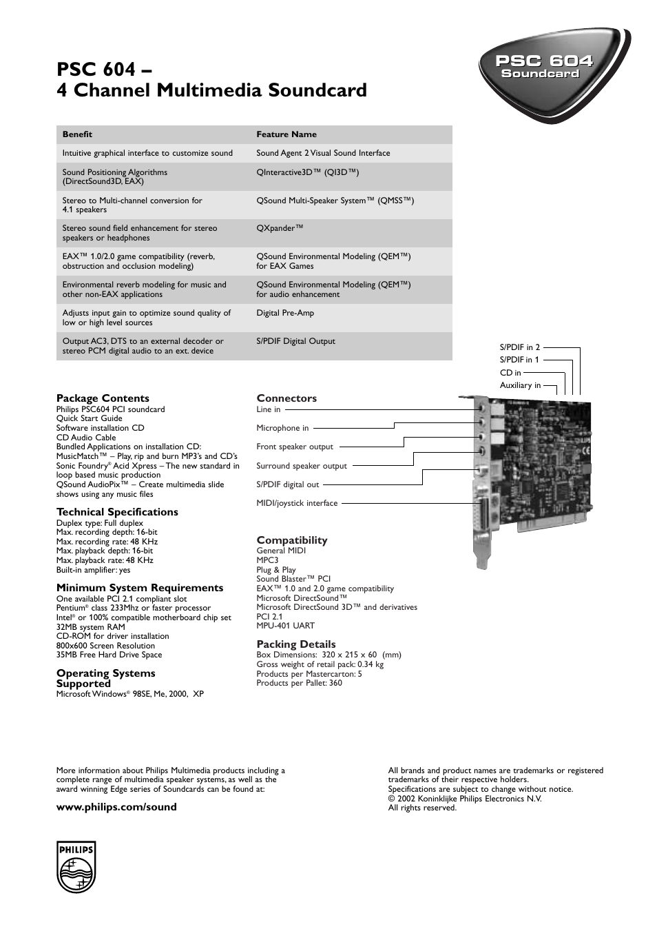 Psc 604 – 4 channel multimedia soundcard, Psc 604 | Philips PSC60417 User Manual | Page 2 / 2