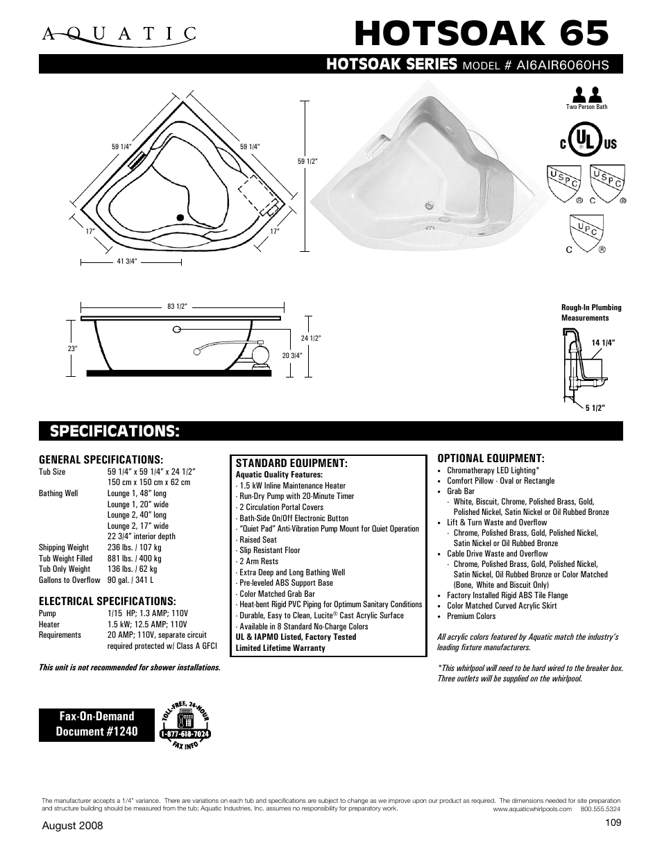 Aquatic Hotsoak 65 AI6AIR6060HS User Manual | 1 page