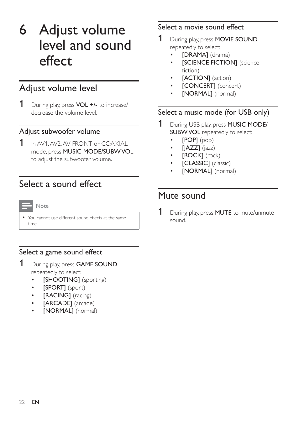 6 adjust volume level and sound effect, Mute sound 1, Adjust volume level 1 | Select a sound effect | Philips HSB3280-F7B User Manual | Page 21 / 30