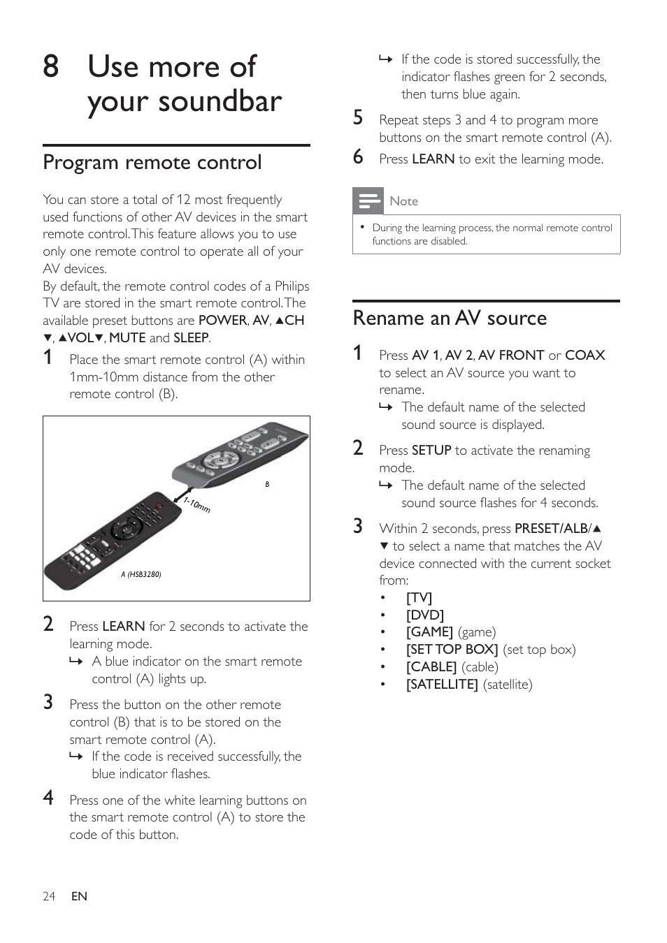 8 use more of your soundbar, Rename an av source 1, Program remote control | Philips HSB3280-F7B User Manual | Page 23 / 30