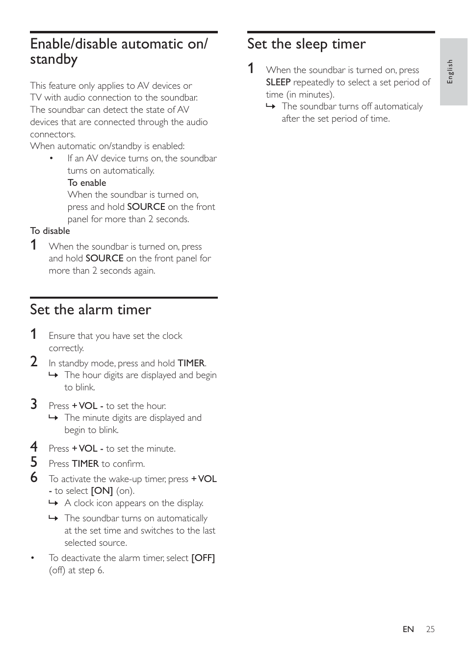 Set the sleep timer 1, Enable/disable automatic on/ standby, Set the alarm timer 1 | Philips HSB3280-F7B User Manual | Page 24 / 30