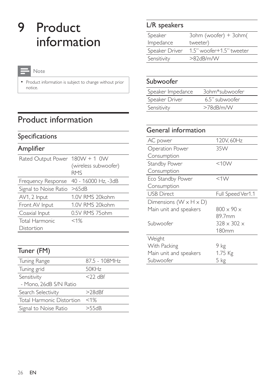 9 product information, Product information | Philips HSB3280-F7B User Manual | Page 25 / 30