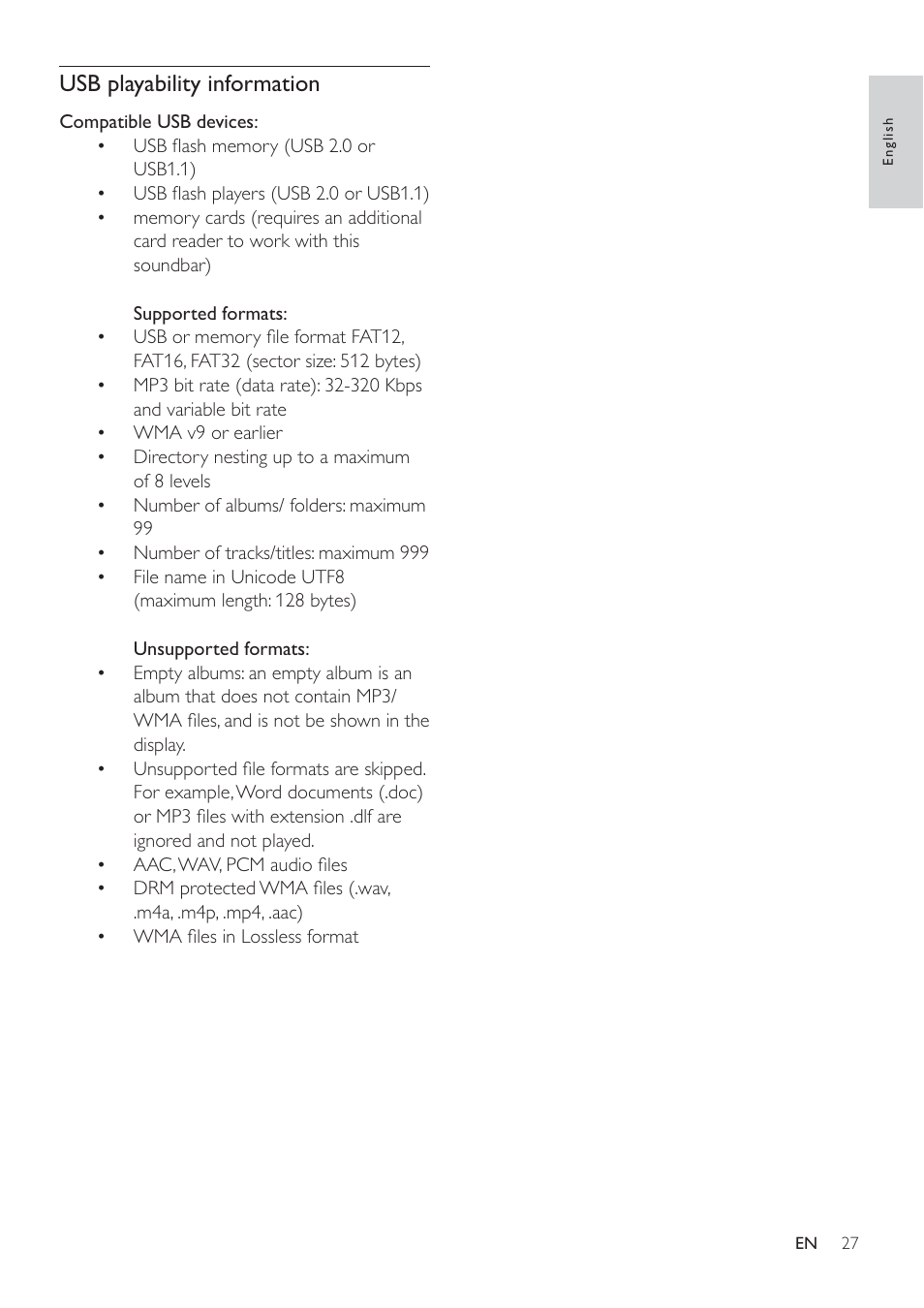 Usb playability information | Philips HSB3280-F7B User Manual | Page 26 / 30