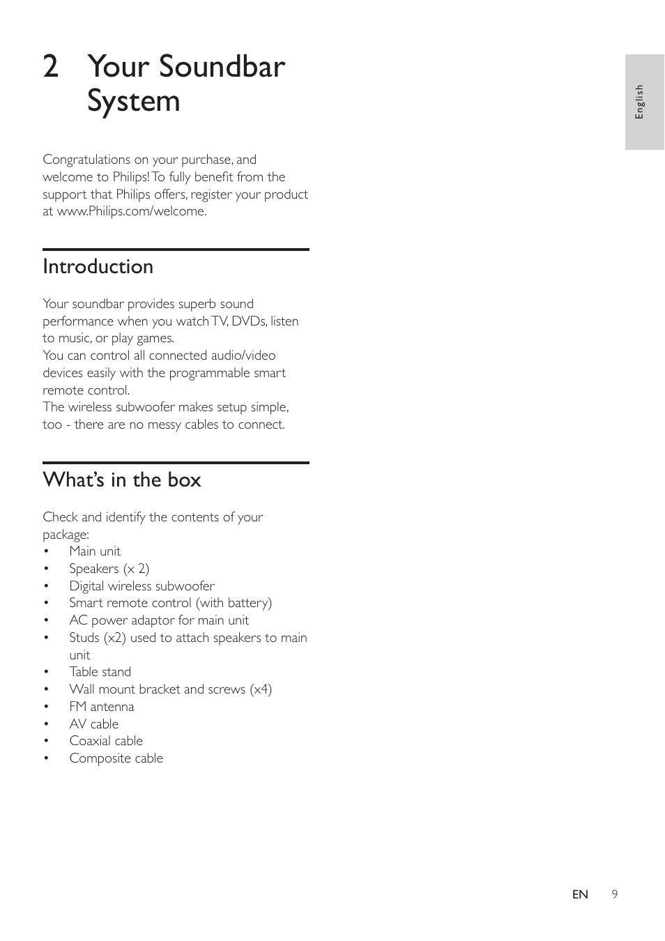 2 your soundbar system, Introduction, What’s in the box | Philips HSB3280-F7B User Manual | Page 8 / 30