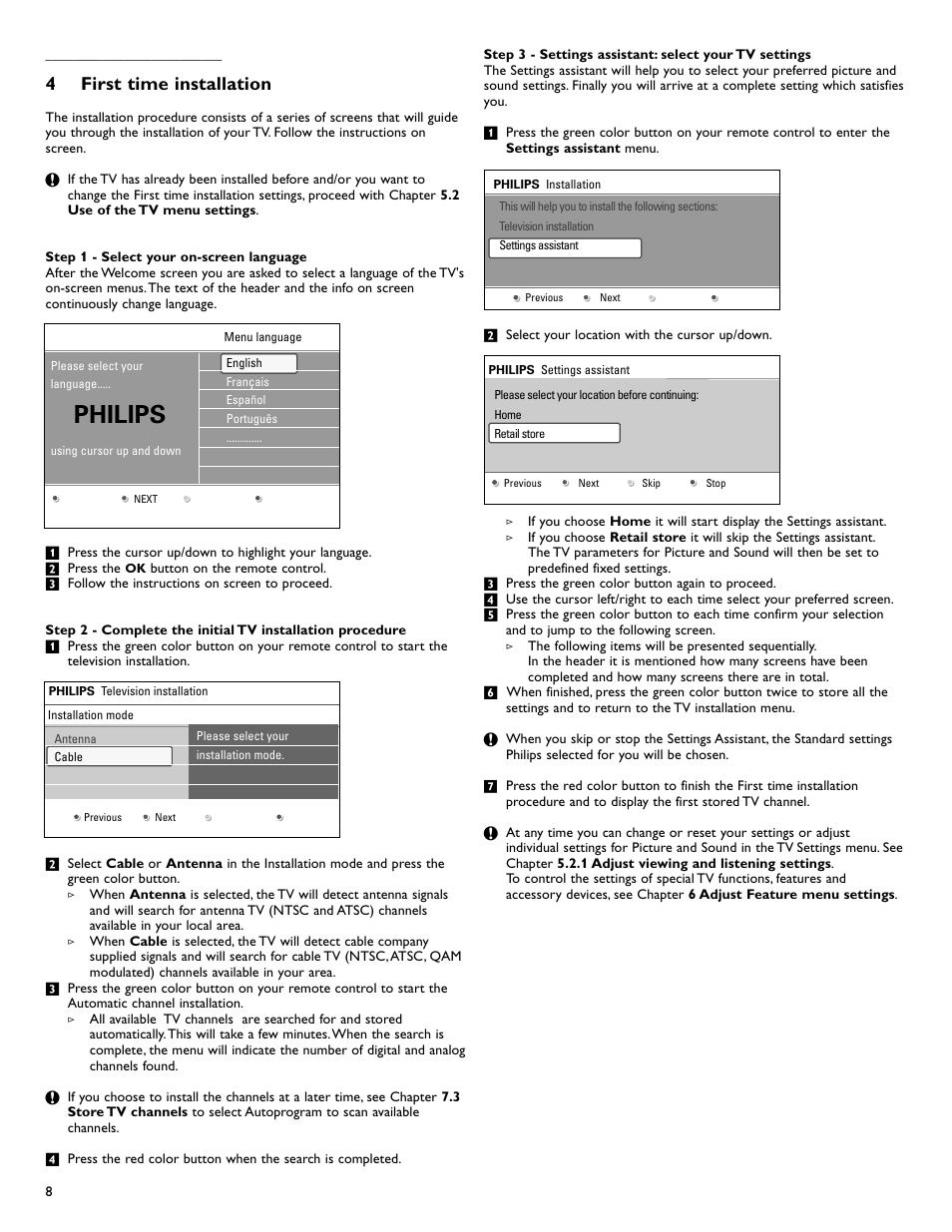 Philips, 4first time installation | Philips 42PFL7422D-37 User Manual | Page 10 / 40