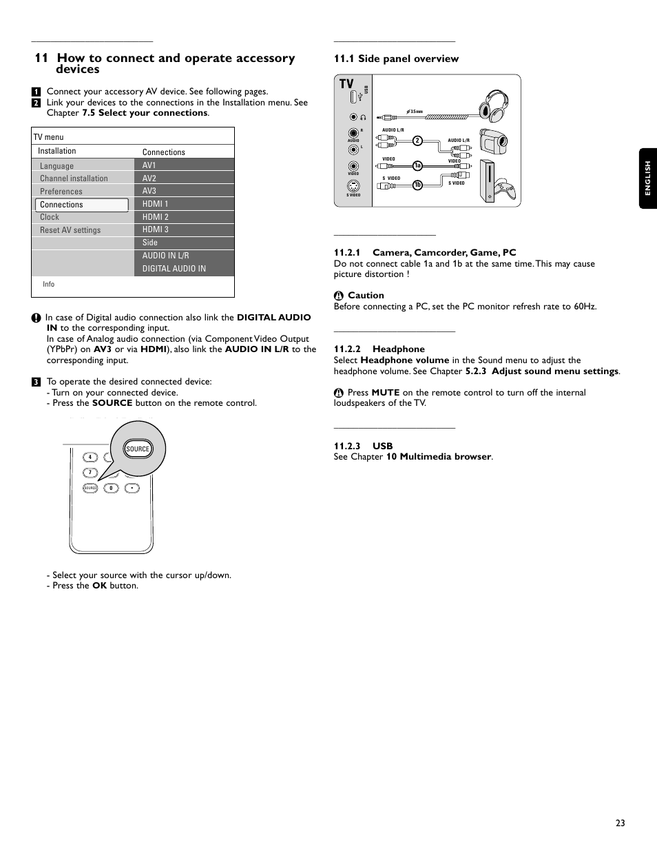 11 how to connect and operate accessory devices, 1 side panel overview | Philips 42PFL7422D-37 User Manual | Page 25 / 40