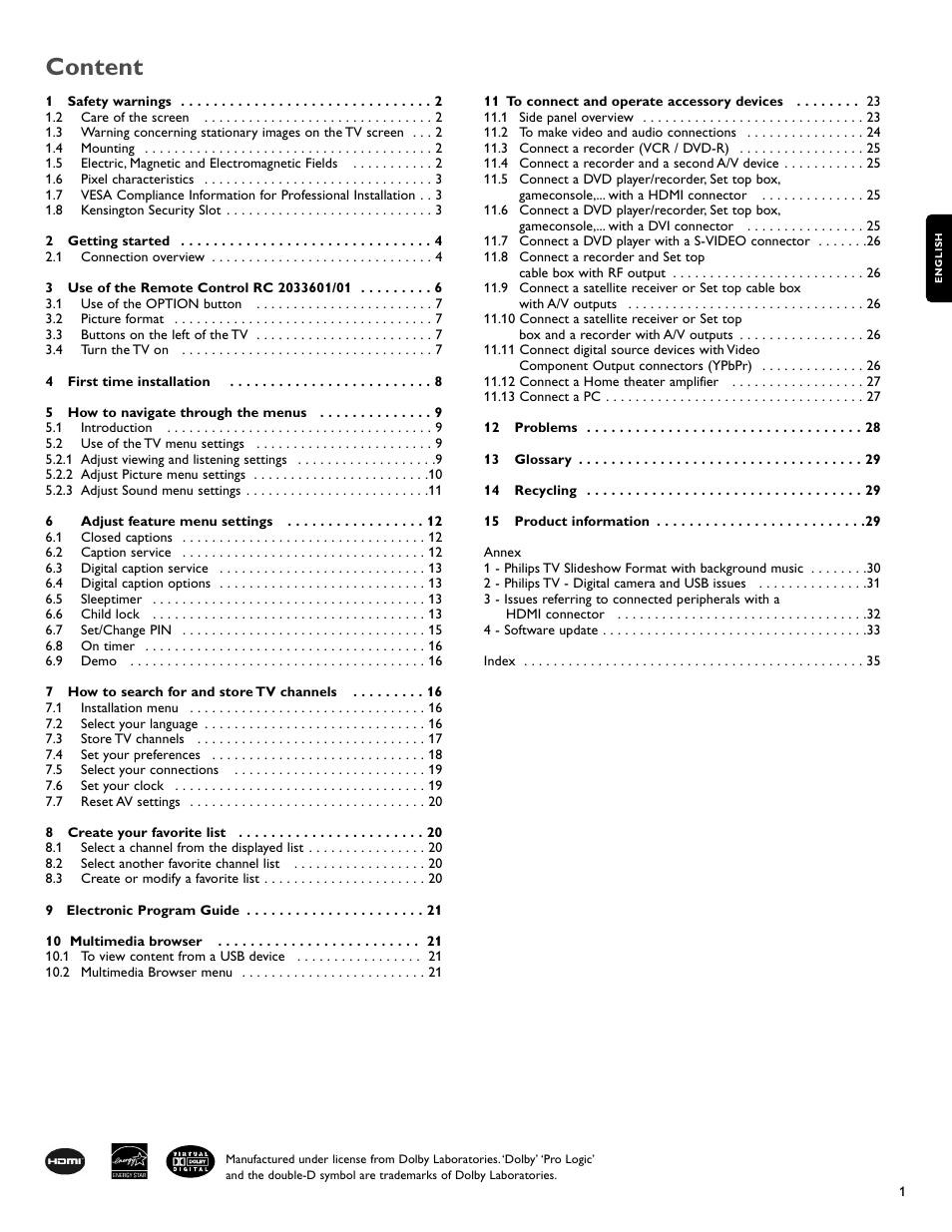 Content | Philips 42PFL7422D-37 User Manual | Page 3 / 40