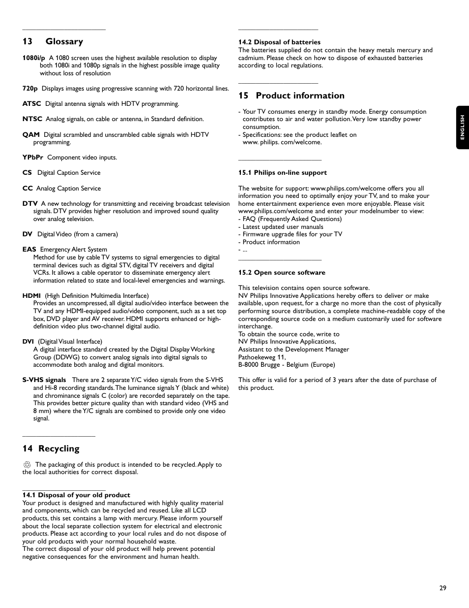 13 glossary, 14 recycling, 15 product information | Philips 42PFL7422D-37 User Manual | Page 31 / 40