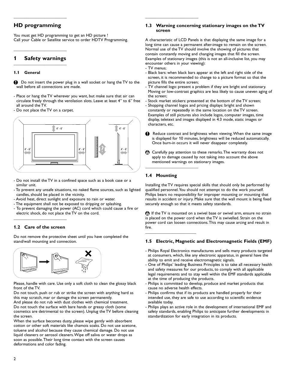 Hd programming, 1safety warnings | Philips 42PFL7422D-37 User Manual | Page 4 / 40