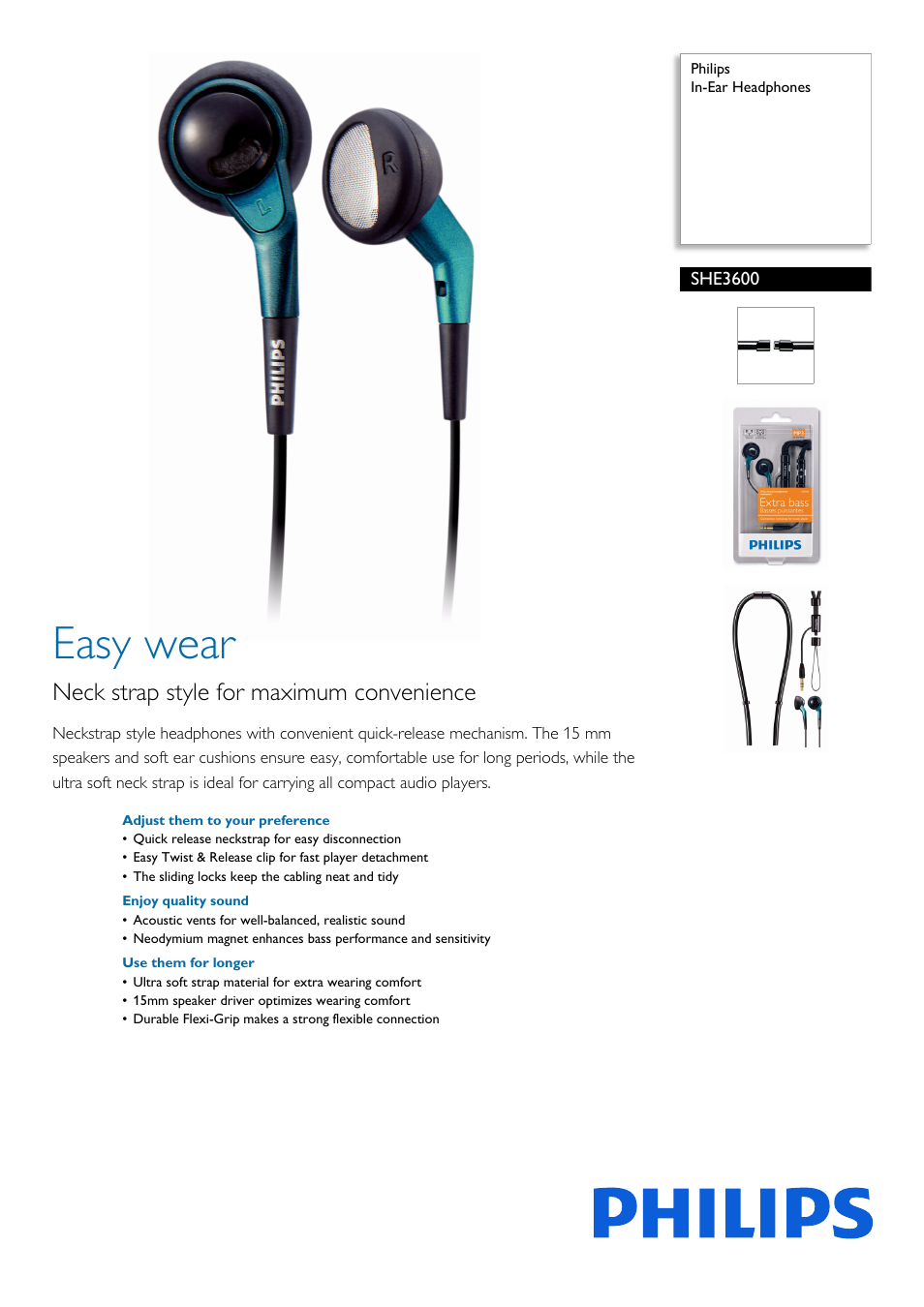 Philips In-Ear Headphones SHE3600 User Manual | 2 pages