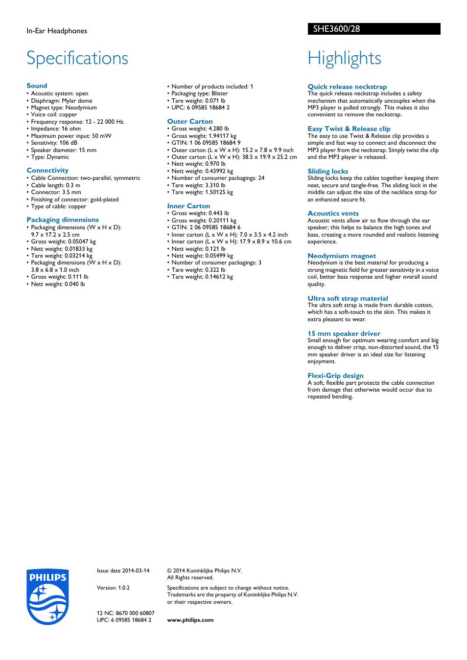 Specifications, Highlights | Philips In-Ear Headphones SHE3600 User Manual | Page 2 / 2