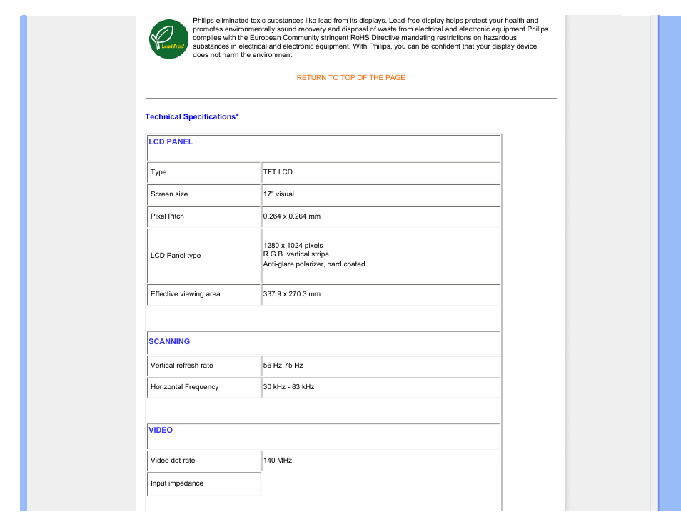 Technical specifications | Philips Brilliance LCD monitor 170S9FB 17" SXGA User Manual | Page 10 / 110