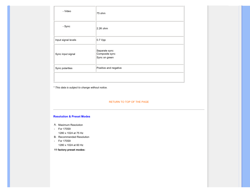 Resolution & preset modes | Philips Brilliance LCD monitor 170S9FB 17" SXGA User Manual | Page 11 / 110