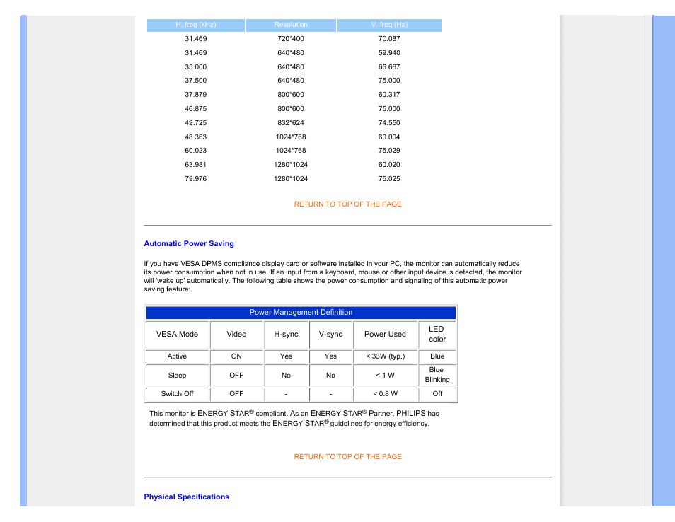 Automatic power saving physical specification | Philips Brilliance LCD monitor 170S9FB 17" SXGA User Manual | Page 12 / 110