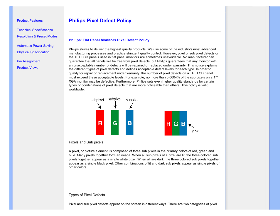 Philips pixel defect policy | Philips Brilliance LCD monitor 170S9FB 17" SXGA User Manual | Page 58 / 110