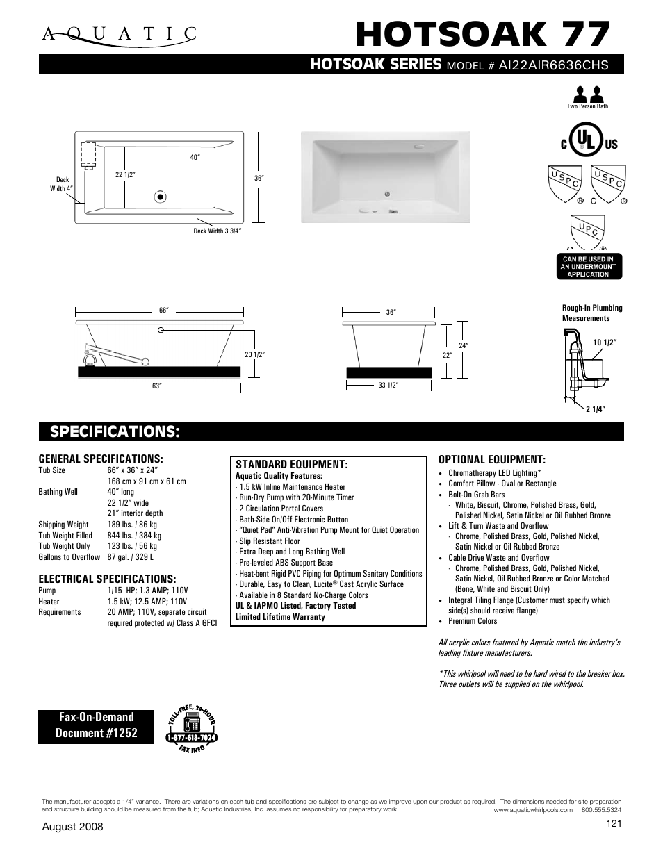 Aquatic HOTSOAK 77 AI22AIR6636CHS User Manual | 1 page