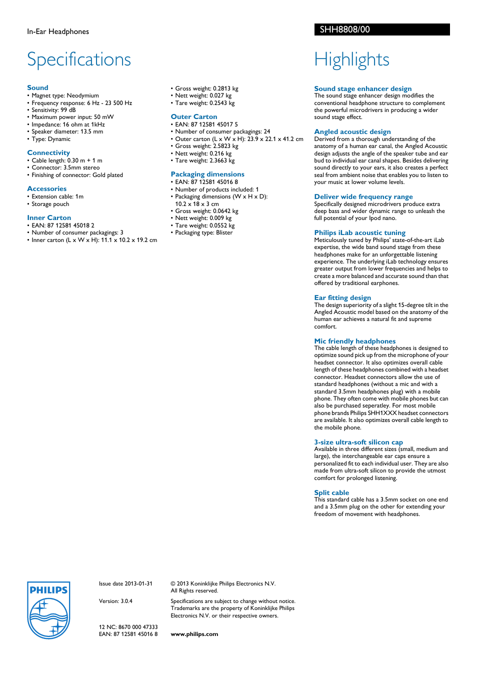 Specifications, Highlights | Philips SHH8808-00 User Manual | Page 2 / 2