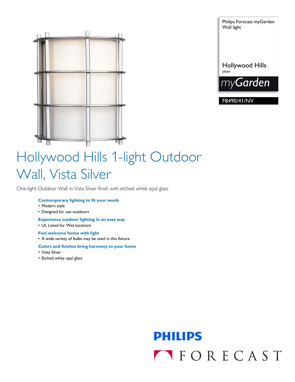 Philips Forecast myGarden Wall light F8490-41-NV Hollywood Hills silver User Manual | 2 pages