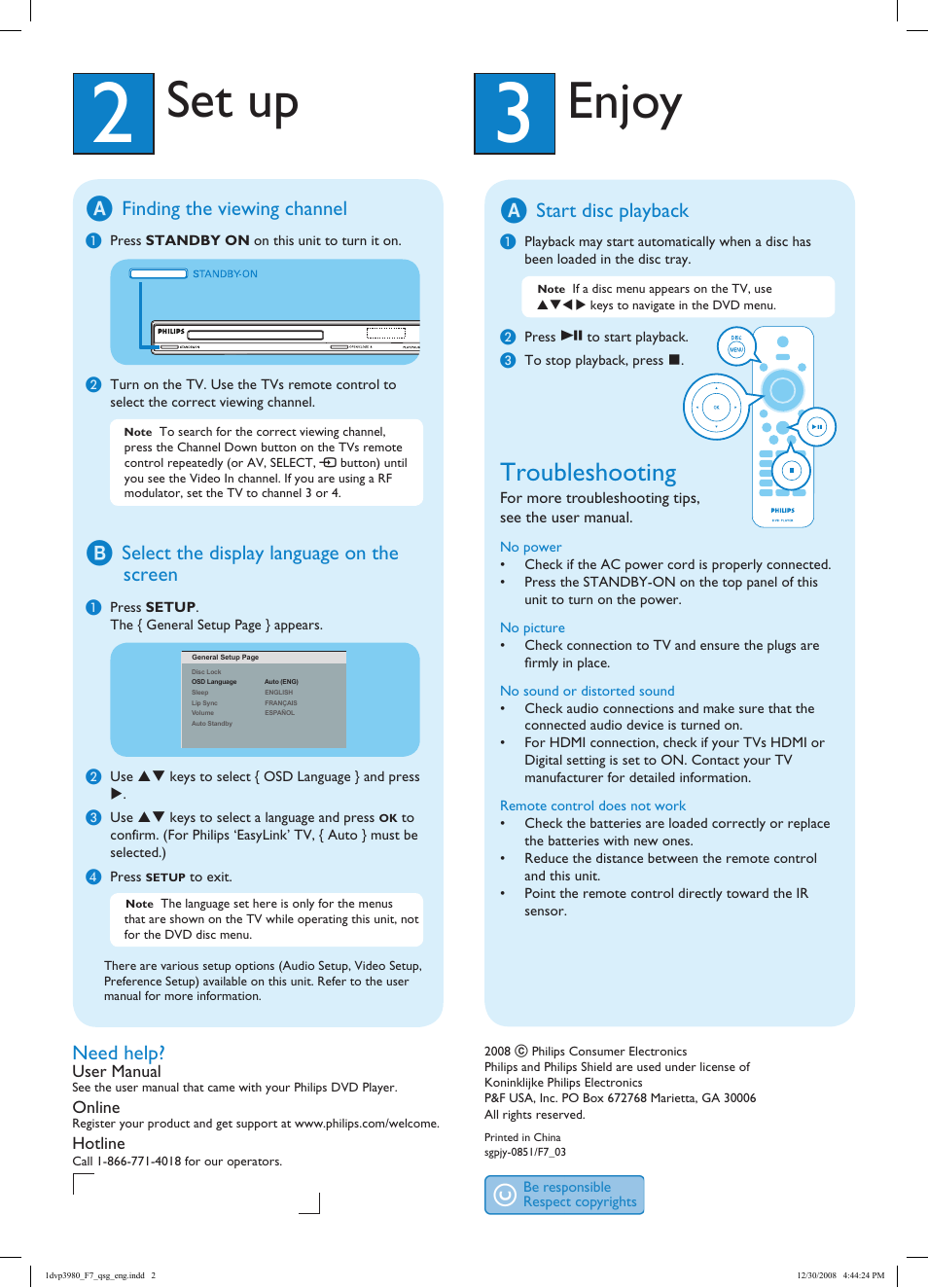 Enjoy, Set up, Troubleshooting | Finding the viewing channel, Select the display language on the screen, Start disc playback, Need help | Philips DVP3980-F7 User Manual | Page 2 / 2